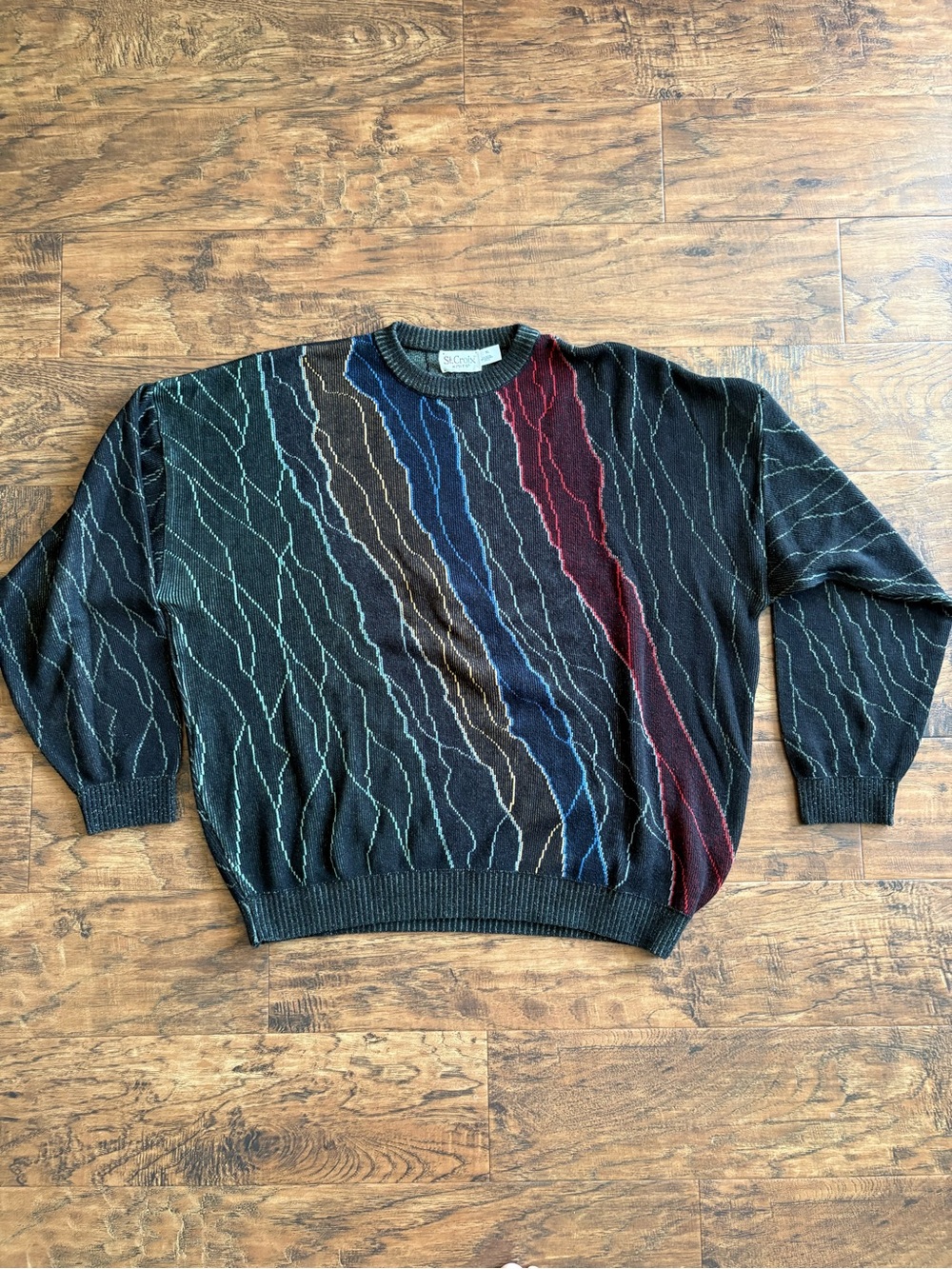Vtg St. Croix Sweater Mens XL Multicolor Lightning Knit Textured Crewneck 90s